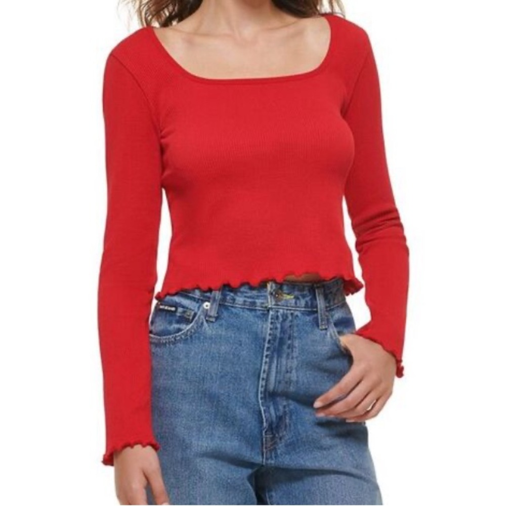 New! DKNY Women's Square-Neck Lettuce-Edge Top Red Size Medium long sleeve